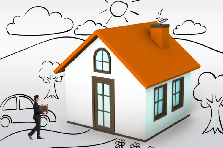 rysunkowy dom z czerwonym dachem do którego idzie mężczyzna z kartonem, wprowadzka